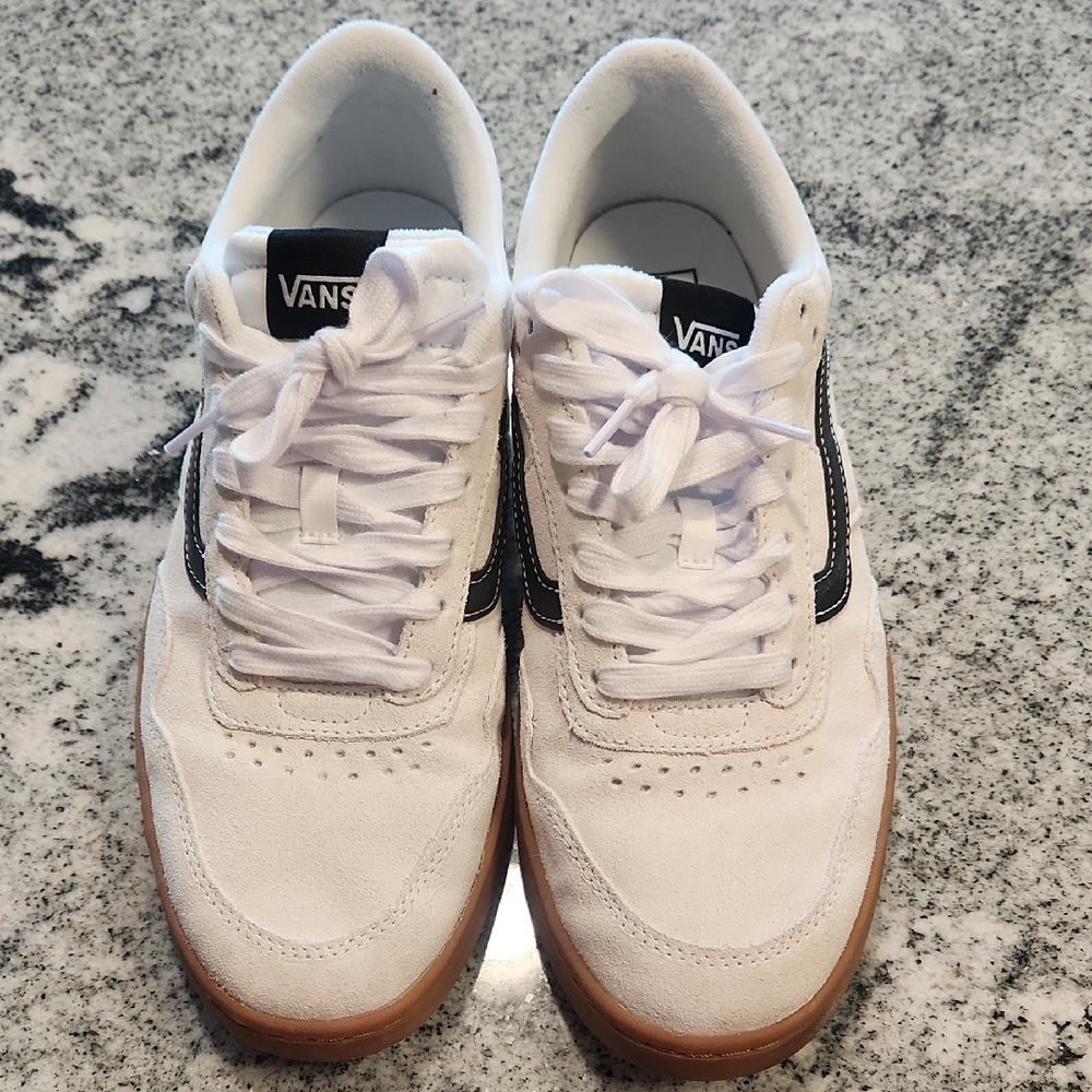 Vans Men's White and Black Sneakers with Gum Sole